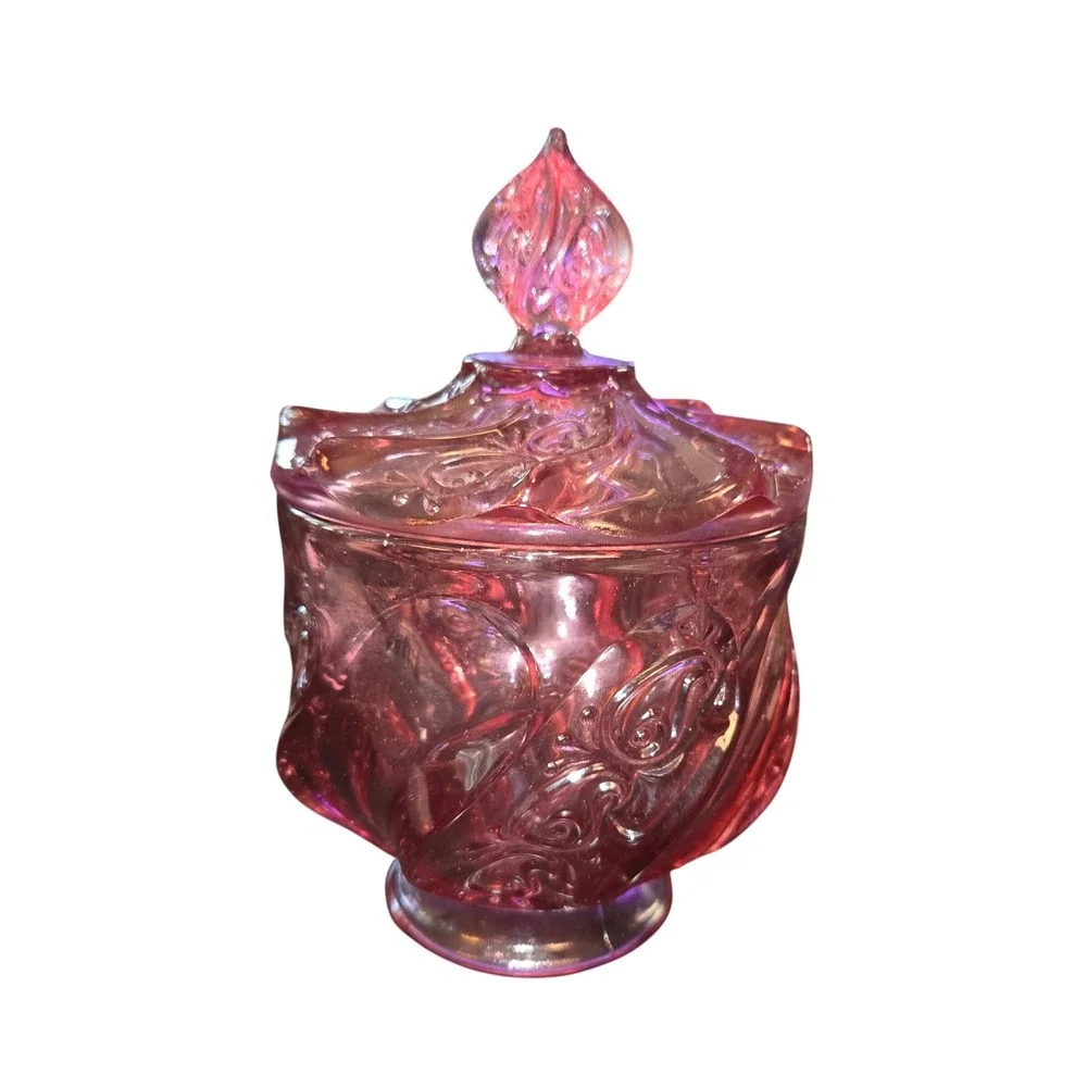Fenton Signed Candy Dish Pink Paisley Swirl VTG Glass Lid Pedestal Bowl 7.5X5X5